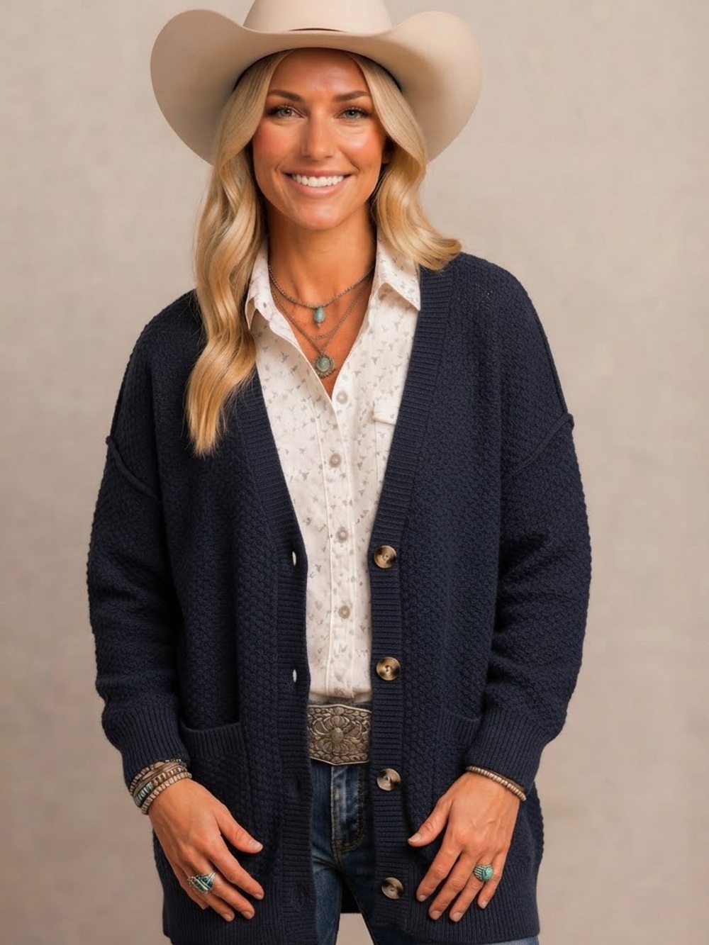 Roxy Navy Blue Textured Button-Front Pocket Cardigan Sz Medium 100% cotton M